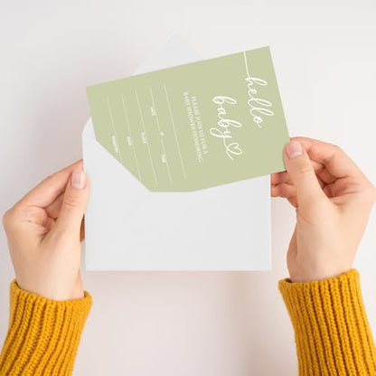 Hello Baby Baby Shower Invitations for Boys Girls, Green Minimalism Invite Cards for Baby Announcement, 25 Set of Fill-in Invites with Envelopes, Gender Reveal Party Supplies -B14 - color: Green-Oh Baby