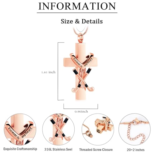 zeqingjw Cross Urn Necklace for Ashes for Men Women Stainless Steel Cremation Golf Clubs Jewelry Ashes Keepsake Memorial Pendant Ash Holder of Loved Ones - color: Rose Gold