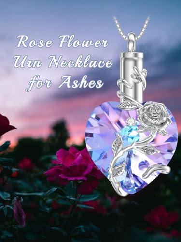 OCJ Heart Rose Flower Urn Necklace for Ashes Women Birthstone Cremation Necklaces Sterling Silver Memorial Cremation Jewelry Gifts - color: 02-Feb-Amethyst