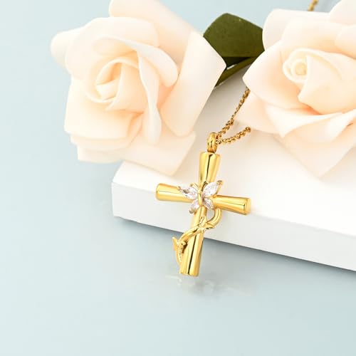 shajwo Butterfly Cross Urn Necklaces for Ashes for Women Men - color: Gold-White