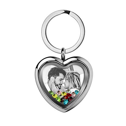 Custom Photo Text Engraved Heart Floating Living Locket Crystal Pendant Keychain - color: Rainbow - 1 Photo Engraving