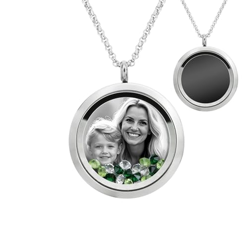 Laser Engraved Personalized Photo & Text Message Floating Locket Crystals Necklace Pendant Handmade Love Note Anniversary Wedding Birthday Gift - style: Green - Photo Engraving