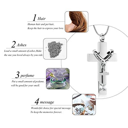 Forever in My Heart Birthstone Personalized Double Cross Urn Pendant Cremation Jewelry for Ashes Cross Ashes Keepsake - color: Silver-White