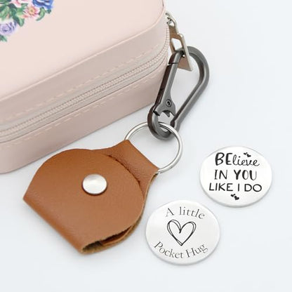 Pocket Hug Token Double Sided Engraved Inspirational Gift Leather Keychain Keepsake for MenWomen - color: Believe