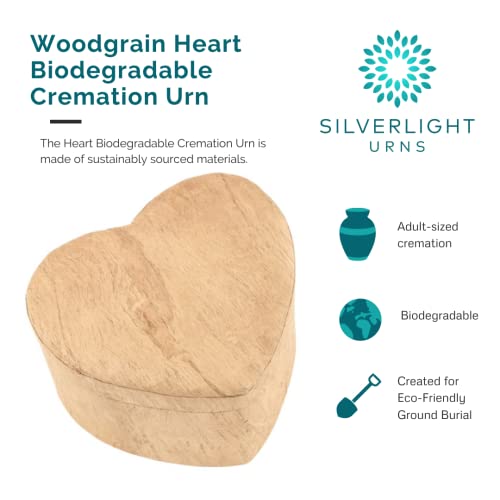 Woodgrain Heart Biodegradable Cremation Urn for Ashes, Earth Friendly Urn for Ground Burial, Eco Urn for Ashes, Adult Sized Cremation Urn