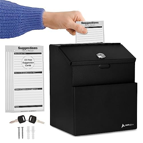 Adir Suggestion Box with Slot and Lock with 25 Comment Cards and Label Stickers, Black
