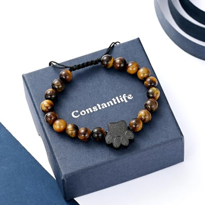 constantlife Cremation Bracelet for Ashes Stainless Steel Paw Print Urn Jewelry Braided Rope Adjustable Bangle Keepsake Pet Dog Cat Ash Holder Memorial Gift for Women Men - color: Tiger Stone-Black
