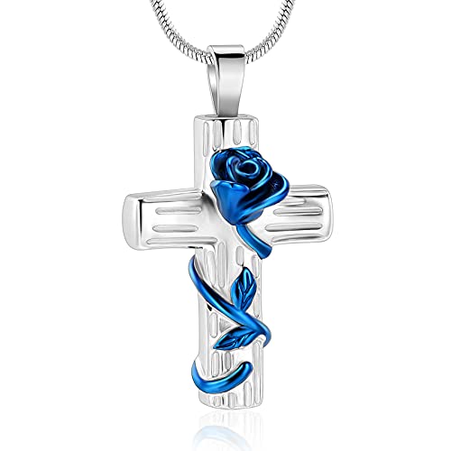 Minicremation Urn Necklace for Ashes Rose Flower Cross Cremation Jewelry Pendant for Human/Pet Funeral Keepsake Memorial Necklace - color: Blue