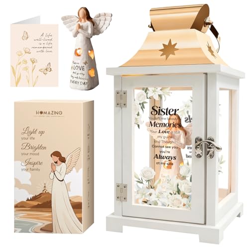 Homazing Memorial Gift for Loss of Sister Memorial Lantern Sympathy Remembrance Bereavement Gifts for Loss of Sister with Angel Figurine - color: Sister