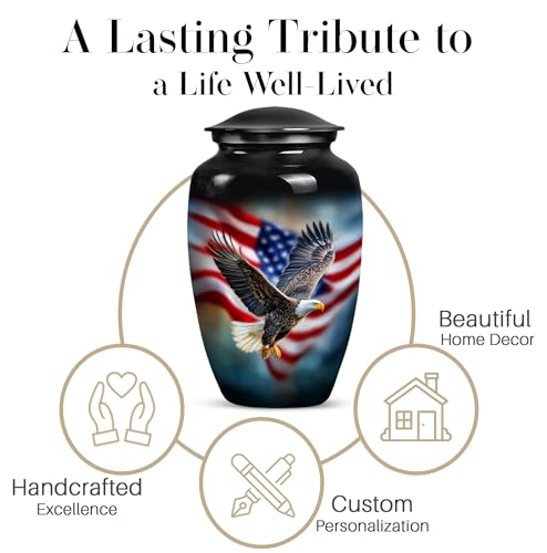 American Flag with Eagle Urn for Ashes Women -Patriotic Cremation Urns Men | Large Black Military Urns for Human Ashes Adult Man - Veteran Funeral Urn for 10 Inch and 200lbs - color: Patriotic Flying Eagle With American Flag