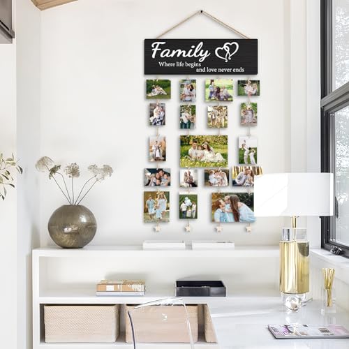Family Collage Picture Frames,Housewarming Gifts | Gifts for Family Members Hanging Photo Display,Where Life Begins and Love Never Ends Wood Hanging Photo Holder for Wall - color: Family