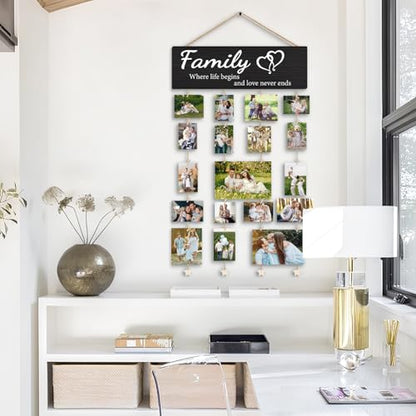 Family Collage Picture Frames,Housewarming Gifts | Gifts for Family Members Hanging Photo Display,Where Life Begins and Love Never Ends Wood Hanging Photo Holder for Wall - color: Family