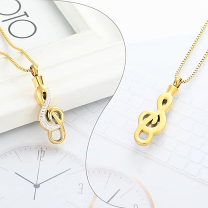 XSMZB Cremation Jewelry Crystal Music Note Urn Necklace for Ashes Stainless Steel Necklace Urn Cremation Memorial Ashes Holder Keepsake Pendant Locket - color: Gold