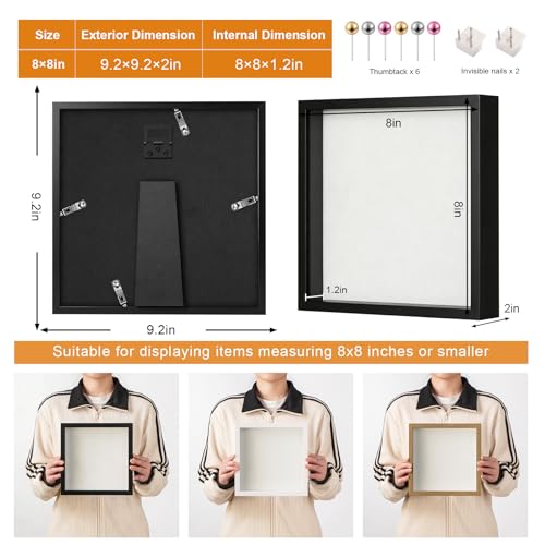 8x8 Shadow Box Frame with Ultra-Clear Glass & Soft Linen Back | With Push Pins and Stand, Deep 1.2" Black Shadow Box Display Case – Display on Tabletop or Wall for Photo, Flower, Keepsakes - color: Black+high Definition Panel + Shatter-proof Packaging, si
