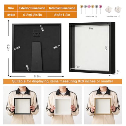 8x8 Shadow Box Frame with Ultra-Clear Glass & Soft Linen Back - color: Black+high Definition Panel + Shatter-proof Packaging, size: 8x8