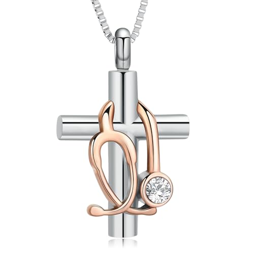 XSMZB Stethoscope Cross Urn Necklace for Ashes for Women Men Cremation Jewelry Human Pet Ash Holder Keepsake Pendant Memorial Locket - color: Silver-Rose Gold