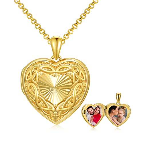 SOULMEET 10K 14K 18K Solid Gold Personalized Sunflower/Starburst/Cross/Rose/Lotus/Butterfly/Turtle/Celtic/Bee Heart Locket Necklace That Holds Picture Gift Choice - style: L-Solid gold celtic heart locket+photo