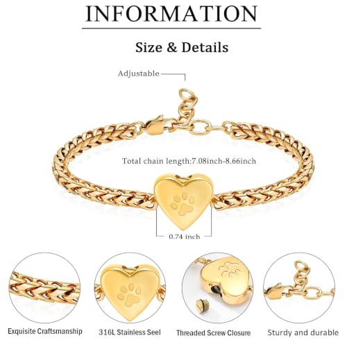 zeqingjw Pet Cremation Urn Bracelet for Ashes for Women Dog Cat Paw Urn Bangle Heart Cremation Jewelry Keepsake Memorial Urn Jewelry - color: Gold