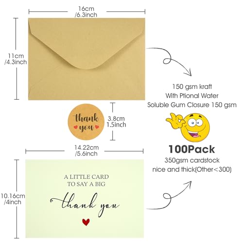 VZZNN 100 Pack Thank you Cards with Envelopes,Baby Shower & Wedding Thank you Cards with Envelopes and Stickers,Suitable for Graduation, Business, Festival Greeting Card Gifts（White）