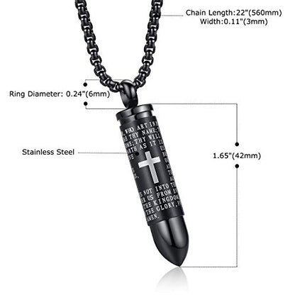 Mens Urn Necklace For Ashes Bullet Shape Cross Cremation Urn Jewelry - color: Black Tone