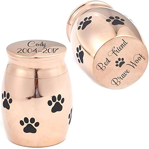 Personalized Mini Dog Paw Print Cremation Urn for Pet Ashes Holder 316L Stainless Steel Small Memorial Keepsake for Loved Puppy Cat, Free Engraving (Rose Gold Plated) - color: Rose Gold Plated (Customizable)