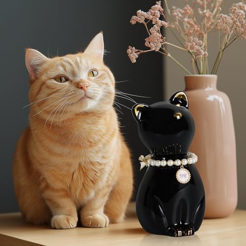 Cat Urns for Ashes, Elegant Ceramics Pets Cremation Keepsake | Funerary Urns Black Pet Urn for Cats Memorial Box with Personalized Necklace (15lbs)
