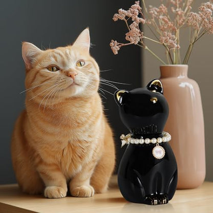 Cat Urns for Ashes, Elegant Ceramics Pets Cremation Keepsake | Funerary Urns Black Pet Urn for Cats Memorial Box with Personalized Necklace (15lbs)