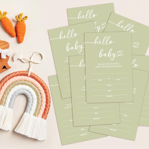 Hello Baby Baby Shower Invitations for Boys Girls, Green Minimalism Invite Cards for Baby Announcement, 25 Set of Fill-in Invites with Envelopes, Gender Reveal Party Supplies -B14 - color: Green-Oh Baby