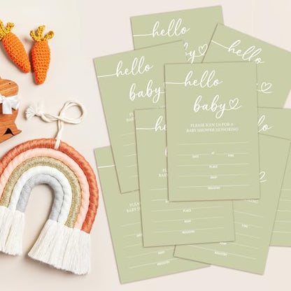 Hello Baby Baby Shower Invitations for Boys Girls, Green Minimalism Invite Cards for Baby Announcement, 25 Set of Fill-in Invites with Envelopes, Gender Reveal Party Supplies -B14 - color: Green-Oh Baby