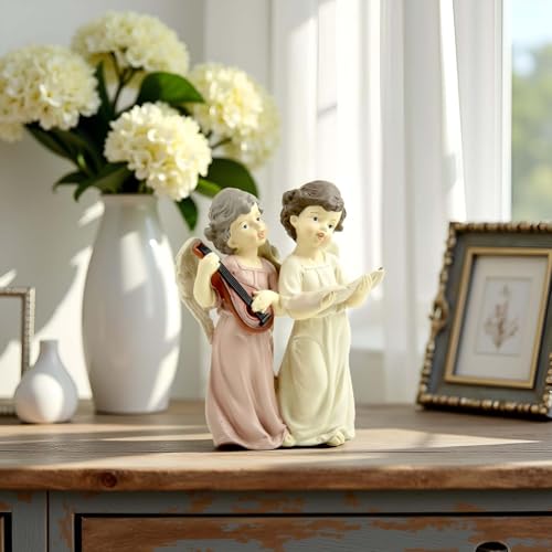Musical Angel Duo Figurine, Singing and Playing Angels, 6.3 Inch | Hand-painted resin angel choir figurine for tabletops, Christmas displays and music rooms; a meaningful gift for women - color: Singing and Instrument Angel