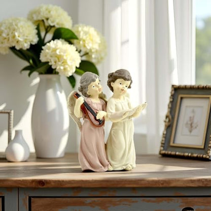 Musical Angel Duo Figurine, Singing and Playing Angels, 6.3 Inch | Hand-painted resin angel choir figurine for tabletops, Christmas displays and music rooms; a meaningful gift for women - color: Singing and Instrument Angel