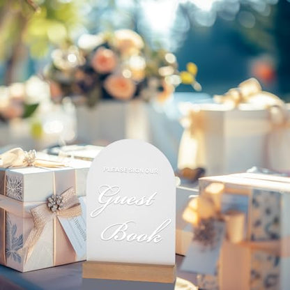 Acrylic Wedding Guest Book Sign for Reception with Wood Stand, 5 x 7 | Wedding signage encourages guests to sign the guest book; frosted acrylic table sign with white text and beech wood stand. - size: Guest Book Sign