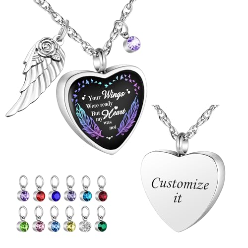Dletay Heart Urn Necklace for Ashes Birthstones Cremation Jewelry for Ashes Stainless Steel Ash Necklace Memorial Ash Holder - color: Silver Feather-Custom