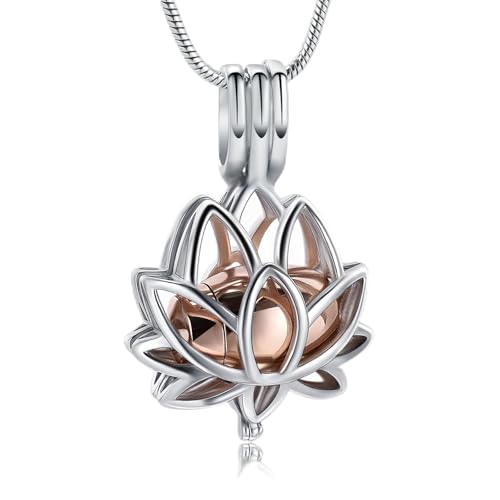 Cremation Jewelry for Ashes Pendant - Lotus Urn Necklace with Mini Keepsake Urn Memorial Ash Jewelry For Women Men - color: Silver-Rose Gold