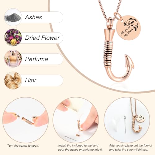 Oinsi Fishing Hook Urn Necklace for Ashes Fish Cremation Jewelry Memorial Ashes Keepsake Stainless Steel Urn Keychain for Men - color: Rose Gold (Always In My Heart)