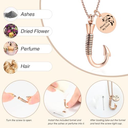 Oinsi Fishing Hook Urn Necklace for Ashes Fish Cremation Jewelry Memorial Ashes Keepsake Stainless Steel Urn Keychain for Men - color: Rose Gold (Always In My Heart)