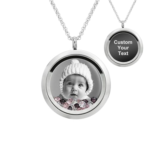 Laser Engraved Personalized Photo & Text Message Floating Locket Crystals Necklace Pendant Handmade Love Note Anniversary Wedding Birthday Gift - style: Pink - Photo + Message Engraving