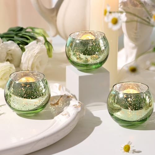 Volens Round Green Votive Candle Holder Set of 12, Mercury Glass Votives | Green Wedding Centerpiece Table Decorations, Tealight Candle Holder for Bridal Shower, Baby Shower & Home Decor - color: Green, size: 12 PACK
