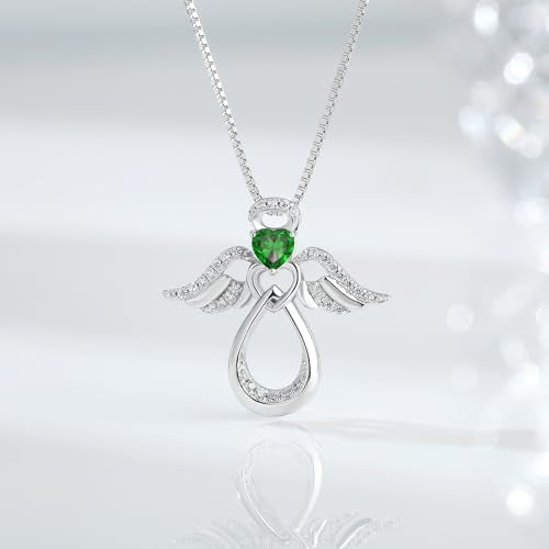 925 Sterling Silver Guardian Angel Pendant Necklace for Women with Birthstone Cubic Zirconia Little Angel Pendant Necklace Jewelry 18 inch Chain - color: 05-May-Emerald