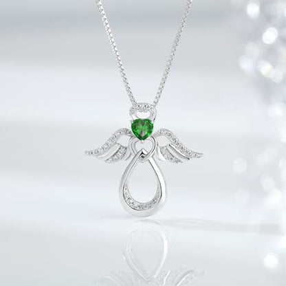 925 Sterling Silver Guardian Angel Pendant Necklace for Women with Birthstone Cubic Zirconia Little Angel Pendant Necklace Jewelry 18 inch Chain - color: 05-May-Emerald