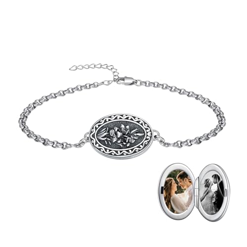 Birth Flower Photo Locket Bracelet 925 Sterling Silver 12 Month Locket Bracelet with Picture Birth Flower Photo Jewelry Gifts for Women Mother Mom Daughter - style: 05-May-Lily