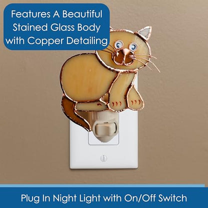 Gift Essentials Tan Cat Plug-in Night Light - Stained Glass Nightlight | Tan Cat Stained Glass Plug-in Nightlight with On/Off Rocker Switch. Includes One 4-Watt Replaceable Warm-Glow Bulb. - color: Tan Cat
