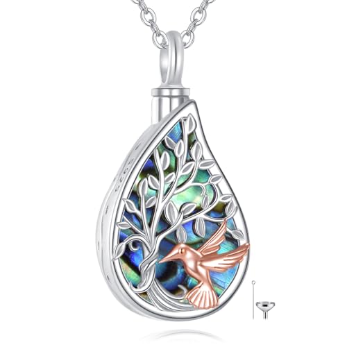 URONE Urn Necklaces for Ashes 925 Sterling Silver Abalone Shell Tree of Life Cremation Jewelry for Ashes Memory Jewelry for Women Men - style: tree-hummingbird