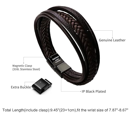 Mens Leather Bracelet with Clasp Cowhide Multi-Layer Braided Leather Mens Bracelet - style: brown leather&black clasp&9.2