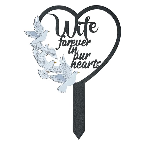 BUoonyer Stake Graves Cemetery Decorations - Wife Metal Memorial Grave Markers, Women Heart Graveyard Sympathy Plaque, Dove Remembrance Graveside Burial Decor Sign for Outside Yard Garden - style: Wife