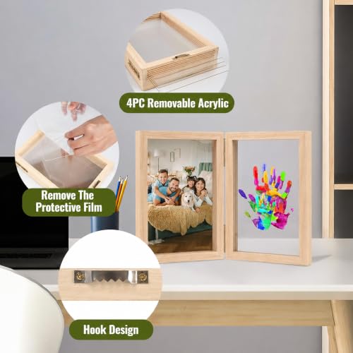 Family Handprint Kit, DIY Baby Hand and Footprint Handmade Keepsake Wooden Frame, Family Gifts with 5 Non-Toxic, Baby-Safe Paints, Gift Ideas for New Parents, Grandparents, Father's Day, Mother's Day - color: Natural Wood, size: 4 Pages Acrylic Boards