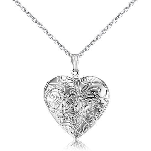 YOUFENG Locket Necklace that Holds Pictures Flower Lockets Pendant Necklaces Birthday Gifts Jewelry - color: SilverHeart