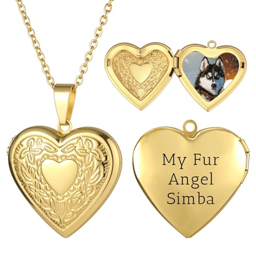 Personalized Heart Locket Necklace for Women with Picture Custom Inside Engraved Text Silver/Gold/Rose Gold Photo Locket Stainless Steel Memorial Gifts for Mom Daughter Grandmother - color: A2: Gold Flower Pattern (Custom)