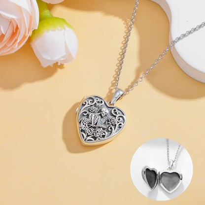 Personalized Heart Locket Necklace That Holds Pictures 925 Sterling Silver Custom Photo Lockets Necklaces Jewelry Gifts for Family Women Lover - color: Skull Rose, style: Locket Only