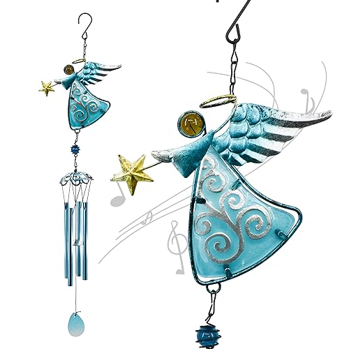 Angel Wind Chimes, 31.5” Angel Metal Wind Chimes for Outside with Metal Tubes & S Hook for Home Garden Decoration Christmas Decoration Hanging Ornament Wind Bell Gifts for Mom (Blue)